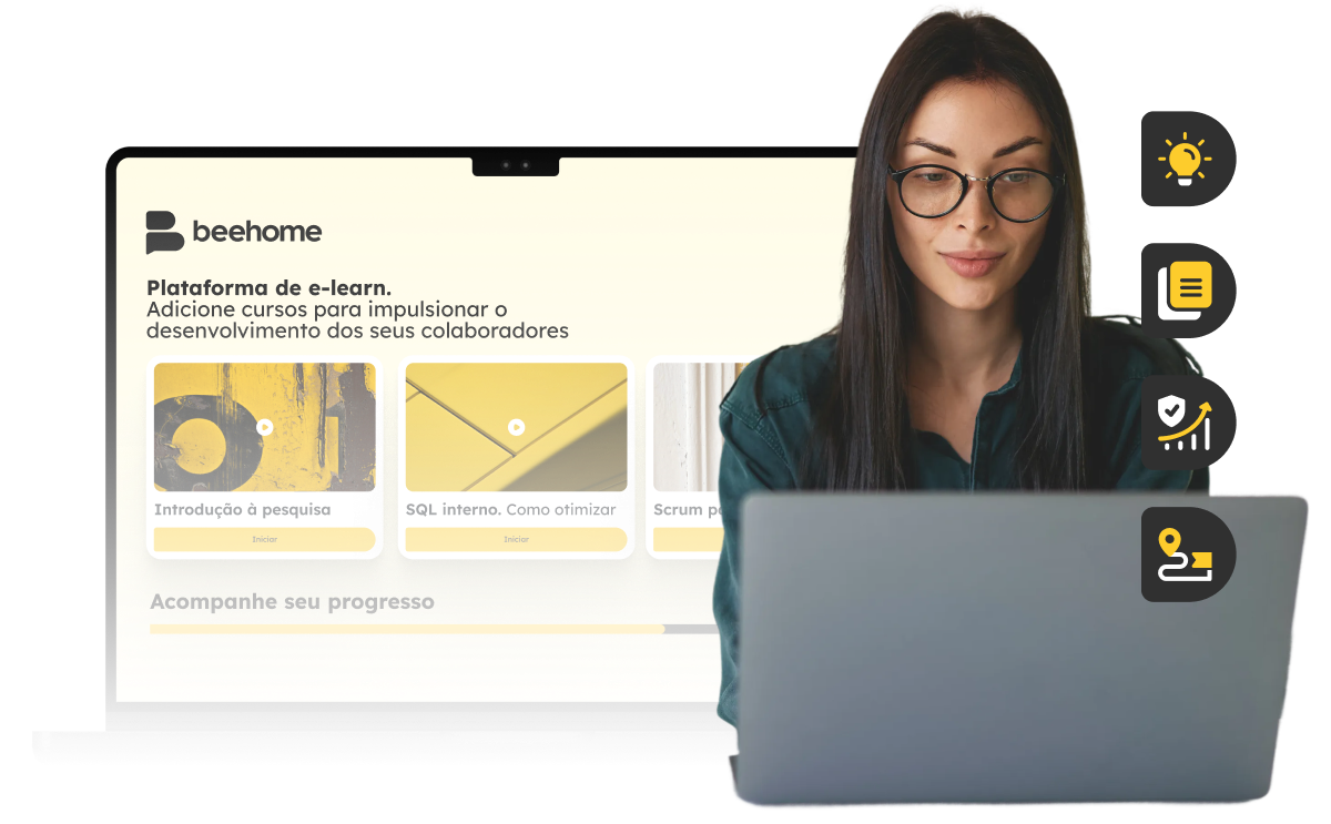 Mulher de óculos usando utilizando a plataforma de e-learning Beehome em um notebook para acessar cursos como "Introdução à pesquisa" e "SQL interno".