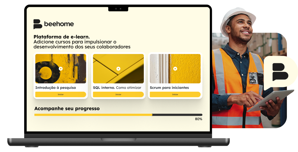 Trabalhador do setor logístico com capacete e colete laranja, utilizando tablet ao lado de um notebook que exibe o painel treinamentos exclusivos para a equipe.
