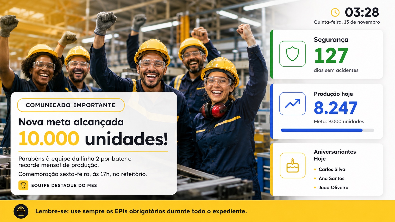 Tela da Beehome TV exibindo um comunicado de meta batida, indicadores de segurança e produção, aniversariantes do dia e um aviso de uso de EPI