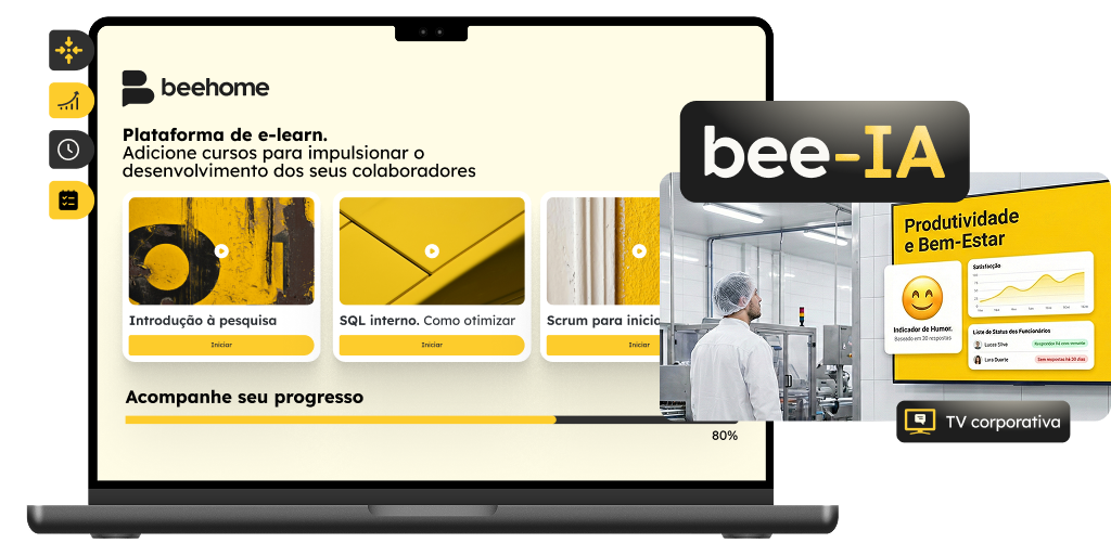 Notebook exibindo a plataforma de e-learning Beehome, integrado a uma cena de TV Corporativa que mostra indicadores de bem-estar e produtividade da equipe.