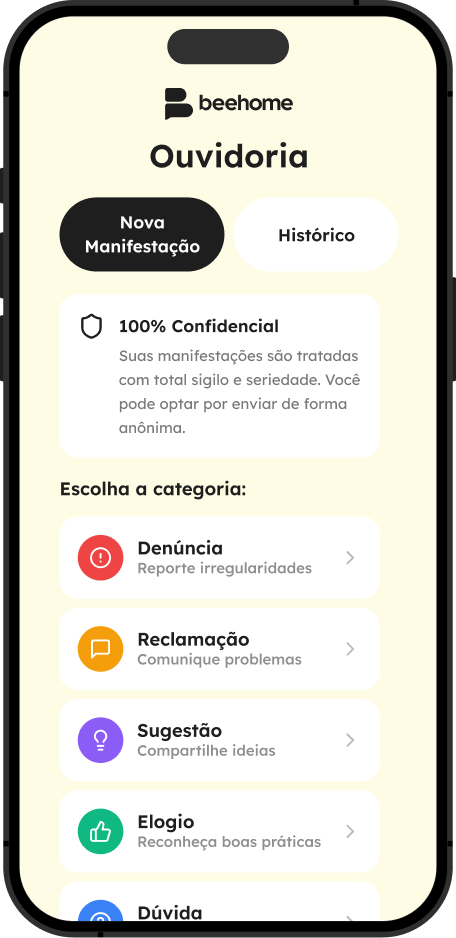 Ouvidoria da Beehome no celular, com as categorias de manifestação e a opção de envio anônimo