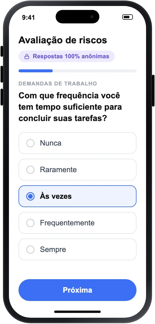 Celular com a avaliação de riscos psicossociais, com respostas 100% anônimas