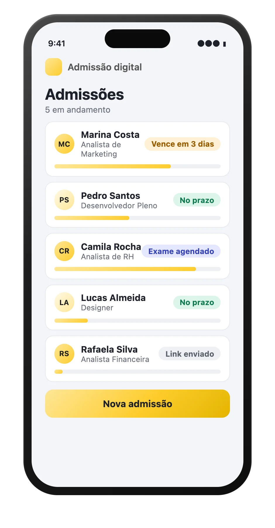 Lista de admissões em andamento no celular, com os prazos e o andamento de cada uma