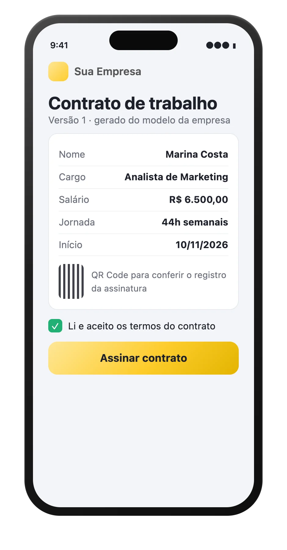 Contrato de admissão no celular, pronto para a assinatura eletrônica do novo colaborador