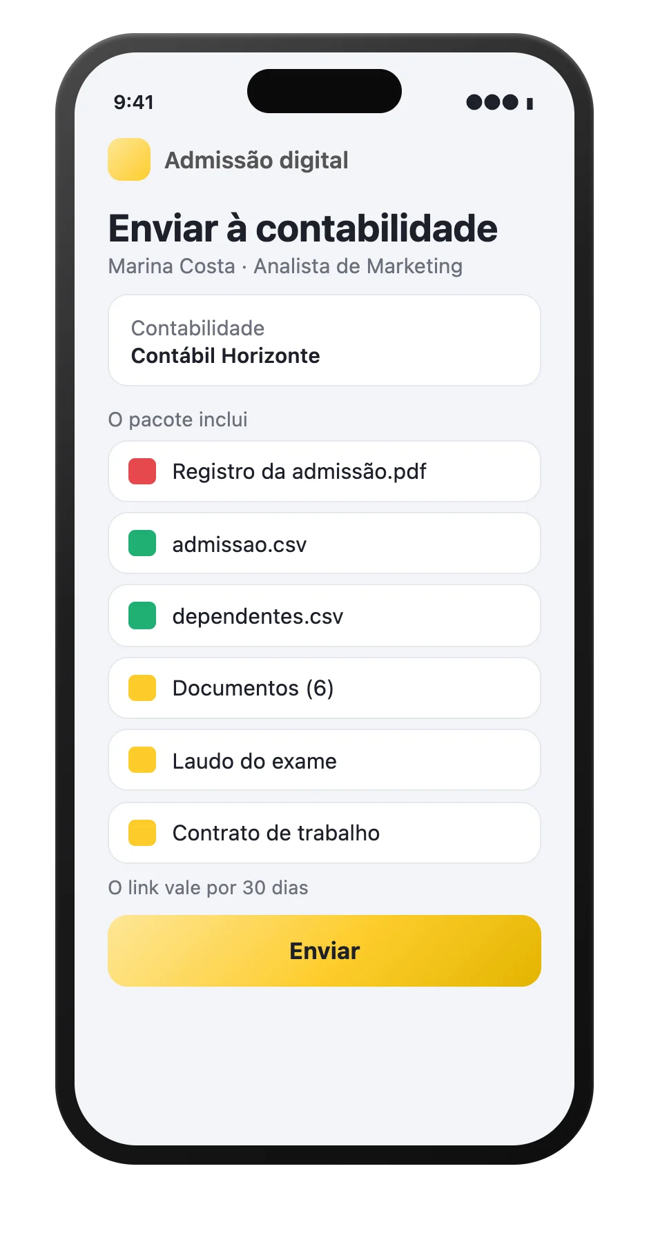 Tela de envio à contabilidade com a lista de arquivos que compõem o pacote da admissão