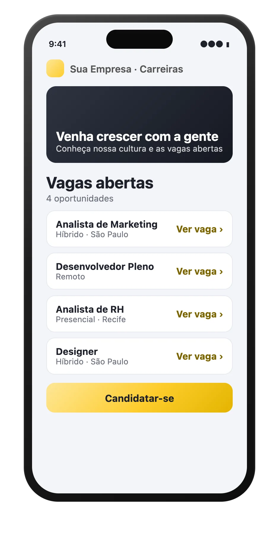 Página de vagas da empresa no celular, com banner, apresentação da cultura e a lista de vagas abertas