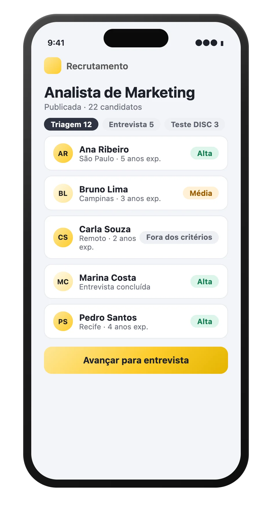 Quadro do processo seletivo no celular, com os candidatos por etapa e o nível de compatibilidade de cada um