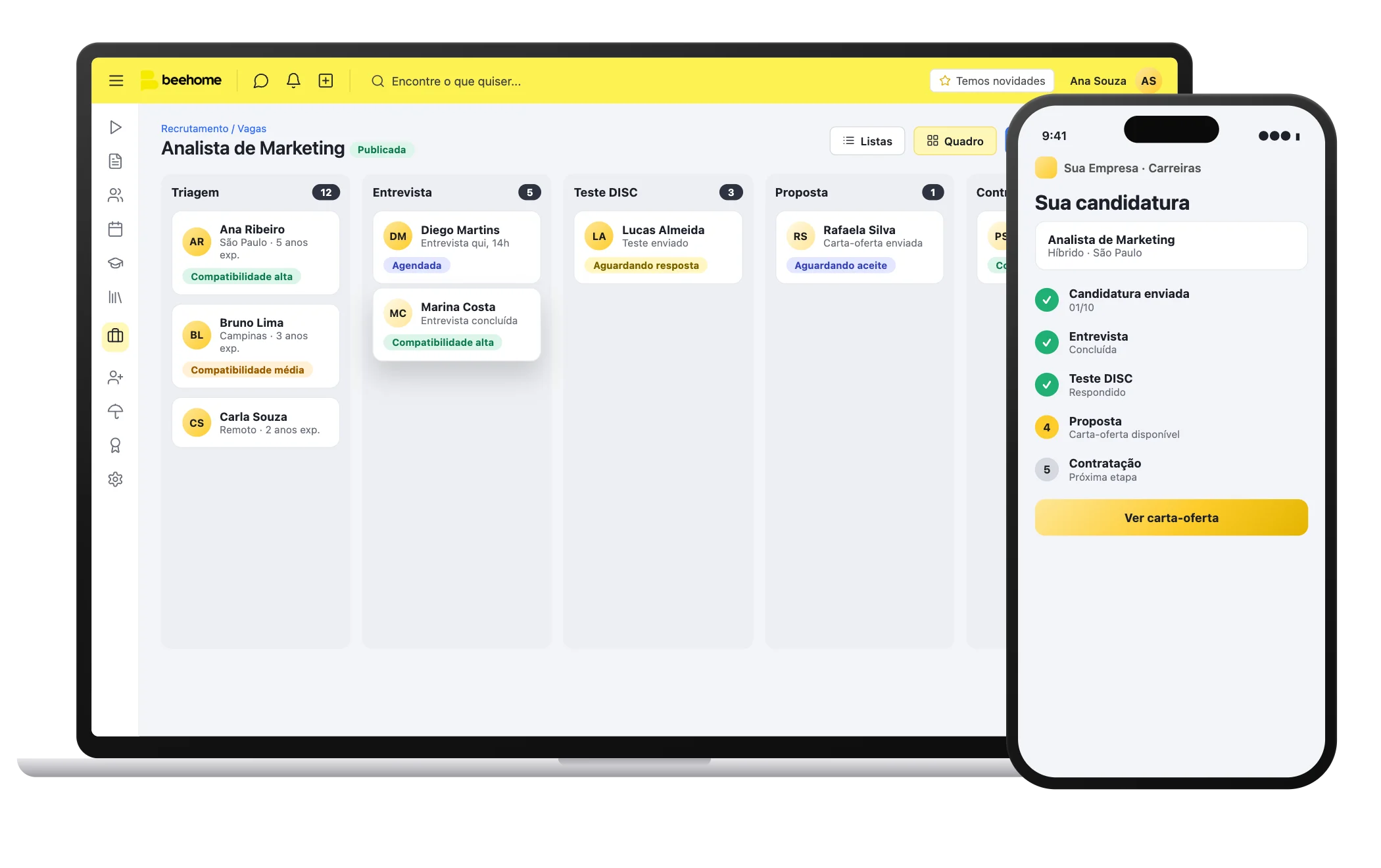 Painel do Beehome Talentos com as vagas abertas e os candidatos de cada etapa