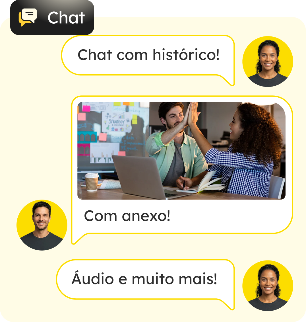 Interface de chat da Beehome com mensagens, anexo, áudio e histórico