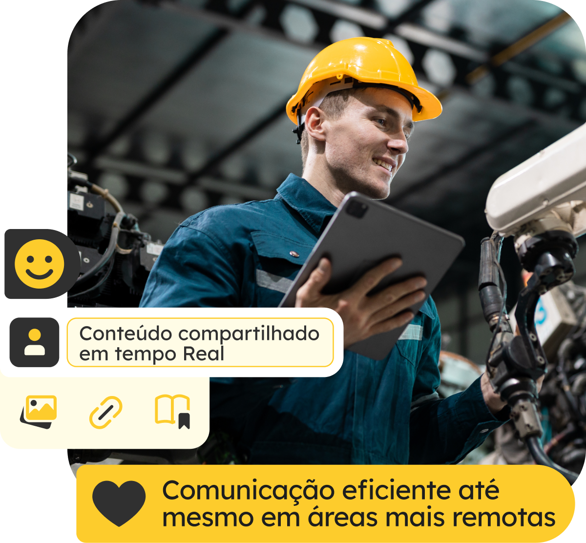 Trabalhador industrial acessando conteúdo em tempo real via tablet. A imagem ilustra a eficiência da comunicação interna Beehome mesmo em áreas operacionais remotas.