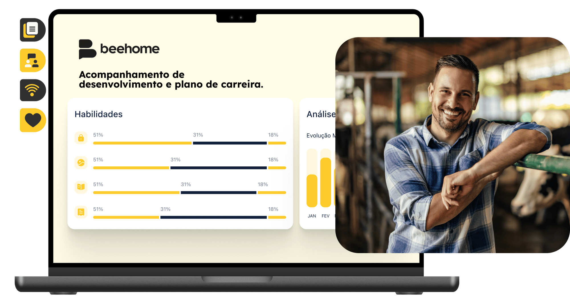 Profissional do agronegócio sorrindo em um estábulo, ao lado de um notebook exibindo a plataforma Beehome. A tela mostra um painel de acompanhamento de desenvolvimento e plano de carreira, com gráficos de análise de habilidades e evolução."