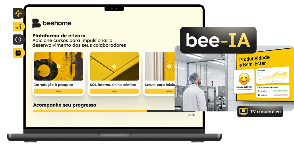 Notebook exibindo a plataforma de e-learning Beehome, integrado a uma cena de TV Corporativa que mostra indicadores de bem-estar e produtividade da equipe.