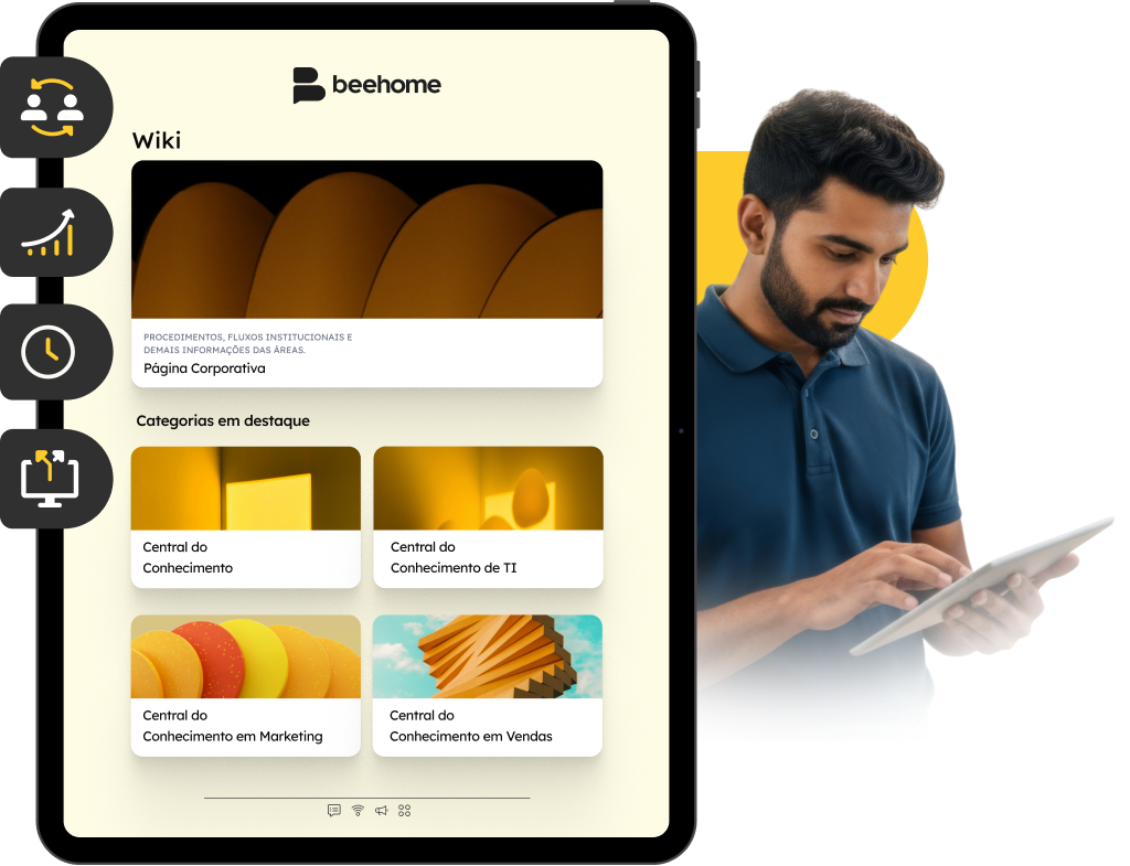 Colaborador acessando a Central do Conhecimento e Wiki corporativa via tablet, facilitando a consulta de manuais, normas de segurança e processos logísticos.