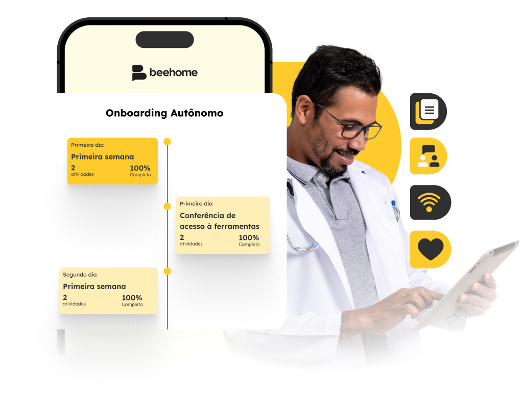 Tela do Beehome mostrando onboarding autônomo em celular ao lado de profissional usando tablet