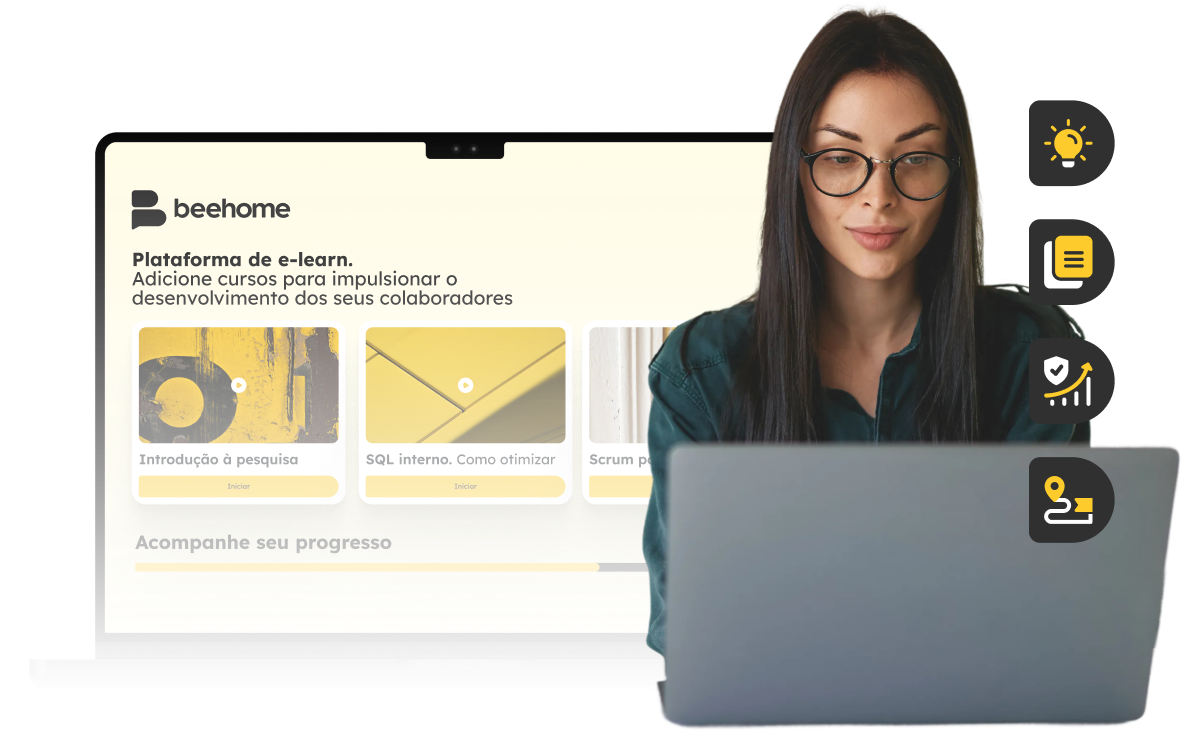 Mulher de óculos usando utilizando a plataforma de e-learning Beehome em um notebook para acessar cursos como "Introdução à pesquisa" e "SQL interno".